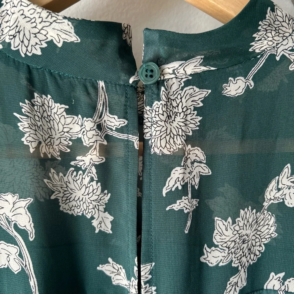LULU’S Green White Floral Midi Dress | Sheer Sleeve | Mock Neck | Fit Flowy Glam - Picture 8 of 12